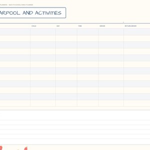 May include: A digital planner page titled Carpool and Activities with a table featuring columns for activity, child, day, time, driver, and return driver. Below the table is a section for notes. The left sidebar lists index, school info, supplies, countdown, weekly, lunches, carpool, homework, forms, and notes.