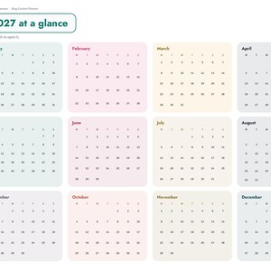 May include: A digital 2027 annual calendar planner interface featuring twelve monthly grids in pastel colors. The layout includes a sidebar navigation menu with tabs labeled Index, Year, Setup, Dashboard, and months from January through December.