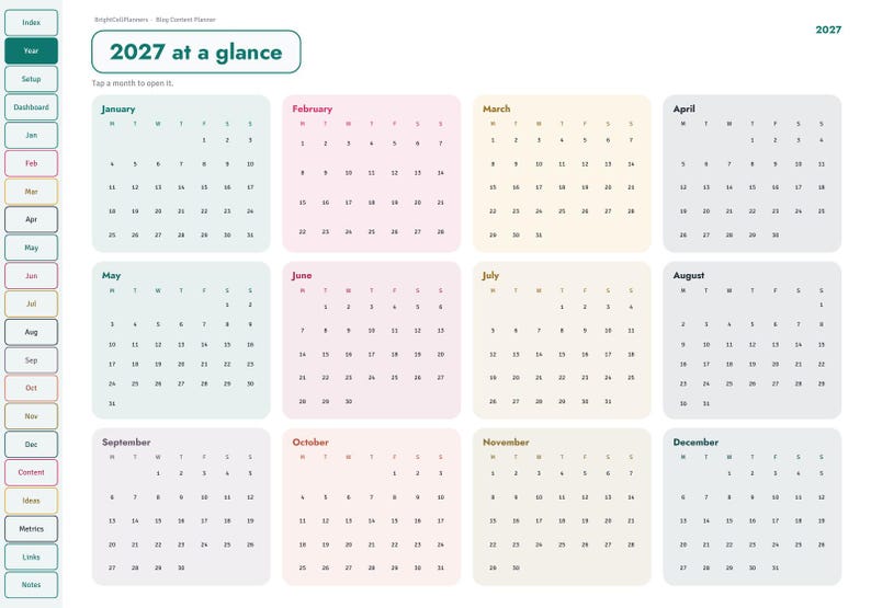 May include: A digital 2027 annual calendar planner interface featuring twelve monthly grids in pastel colors. The layout includes a sidebar navigation menu with tabs labeled Index, Year, Setup, Dashboard, and months from January through December.