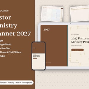 K&ouml;nnte beinhalten: Ein digitaler Pastor Ministry Planner 2027 auf einem Tablet und Smartphone. Der Planer hat ein braun-cremefarbenes Design mit Kreuzmustern, 44 Seiten und ist f&uuml;r 2027 datiert. Text: BRIGHTCELLPLANNERS und Pastor Ministry Planner 2027.