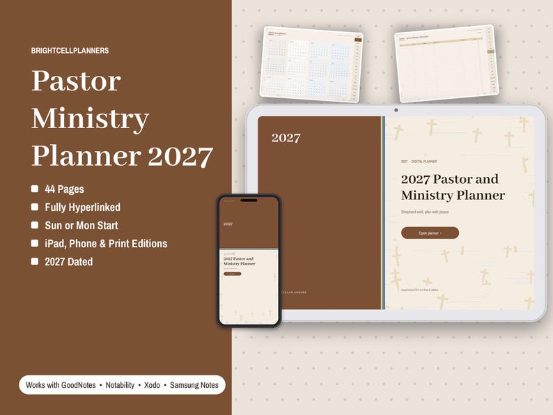 K&ouml;nnte beinhalten: Ein digitaler Pastor Ministry Planner 2027 auf einem Tablet und Smartphone. Der Planer hat ein braun-cremefarbenes Design mit Kreuzmustern, 44 Seiten und ist f&uuml;r 2027 datiert. Text: BRIGHTCELLPLANNERS und Pastor Ministry Planner 2027.