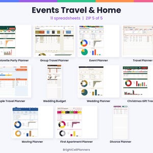 May include: A digital collection of 11 spreadsheets titled Events Travel & Home, featuring individual planners for bachelorette parties, group travel, events, general travel, packing, wedding budgets, wedding planning, Christmas gifts, moving, first apartments, and divorce.