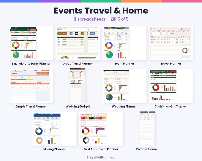 May include: A digital collection of 11 spreadsheets titled Events Travel & Home, featuring individual planners for bachelorette parties, group travel, events, general travel, packing, wedding budgets, wedding planning, Christmas gifts, moving, first apartments, and divorce.