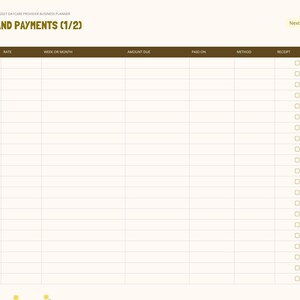 May include: A digital planner page titled Tuition and Payments (1/2) for daycare providers. The layout features a brown header row with columns for Family, Rate, Week or Month, Amount Due, Paid On, Method, and Receipt with checkboxes.