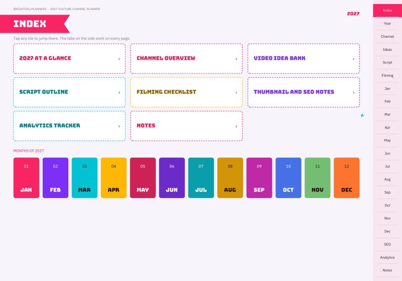 Op de afbeelding: Een digitale indexpagina voor een YouTube-kanaalplanner 2027 met een navigatiezijbalk en klikbare tegels met de labels 2027 At A Glance, Channel Overview, Video Idea Bank, Script Outline, Filming Checklist, Thumbnail and SEO Notes, Analytics Tracker en Notes.