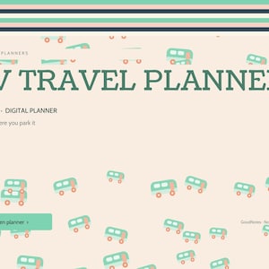 May include: A digital RV travel planner with a light peach background featuring a pattern of small teal and orange camper vans. The text reads RV TRAVEL PLANNER, BRIGHTCELLPLANNERS, UNDATED DIGITAL PLANNER, Home is where you park it, Open planner, GoodNotes, Notability, Noteshelf.
