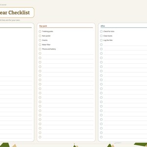 May include: A digital planner page titled Hiking Gear Checklist with three columns for Ten essentials, Day pack, and After. The layout includes checkboxes and lines for tracking items, with a side navigation tab labeled Gear.