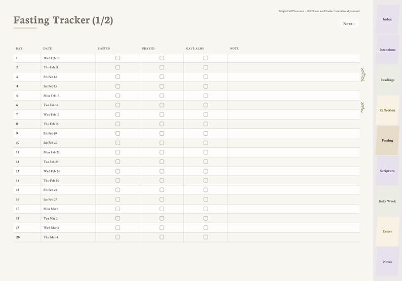 Puede incluir: Una p&aacute;gina de seguimiento de ayuno digital de un diario devocional de Cuaresma y Pascua. La tabla incluye columnas para d&iacute;a, fecha, ayuno, oraci&oacute;n, limosna y notas. Un men&uacute; de navegaci&oacute;n vertical con pesta&ntilde;as est&aacute; a la derecha.