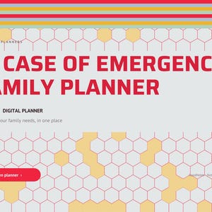 May include: A digital planner cover titled IN CASE OF EMERGENCY FAMILY PLANNER in bold red text. The background features a light gray hexagonal grid pattern with scattered yellow hexagons and a red button labeled Open planner.