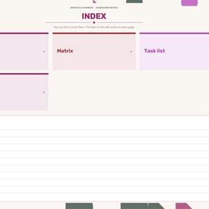Peut inclure: Une page d'index de planificateur num&eacute;rique avec le titre INDEX et des sections intitul&eacute;es Setup, Matrix, Task list et Notes. Une grande zone Quick Notes avec des lignes horizontales est en bas. Une barre lat&eacute;rale liste les onglets.