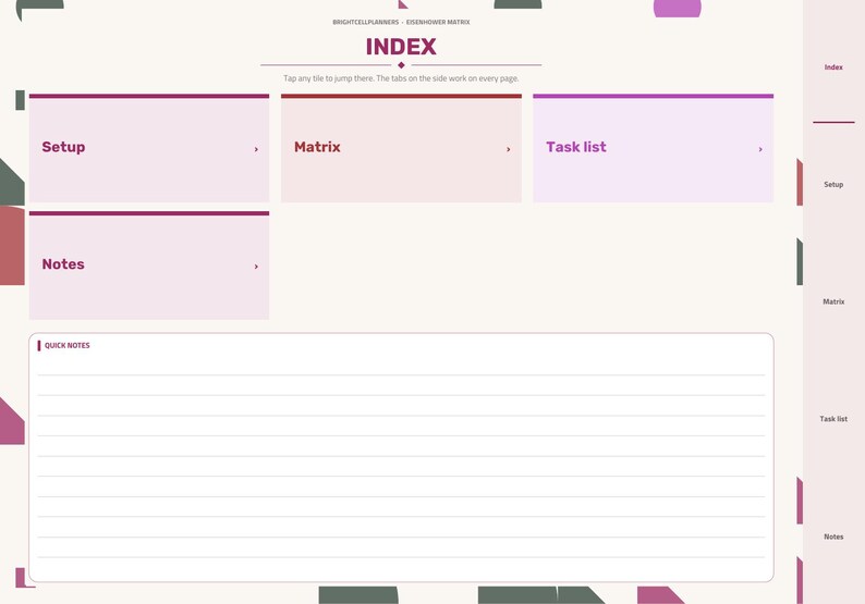 Peut inclure: Une page d'index de planificateur num&eacute;rique avec le titre INDEX et des sections intitul&eacute;es Setup, Matrix, Task list et Notes. Une grande zone Quick Notes avec des lignes horizontales est en bas. Une barre lat&eacute;rale liste les onglets.
