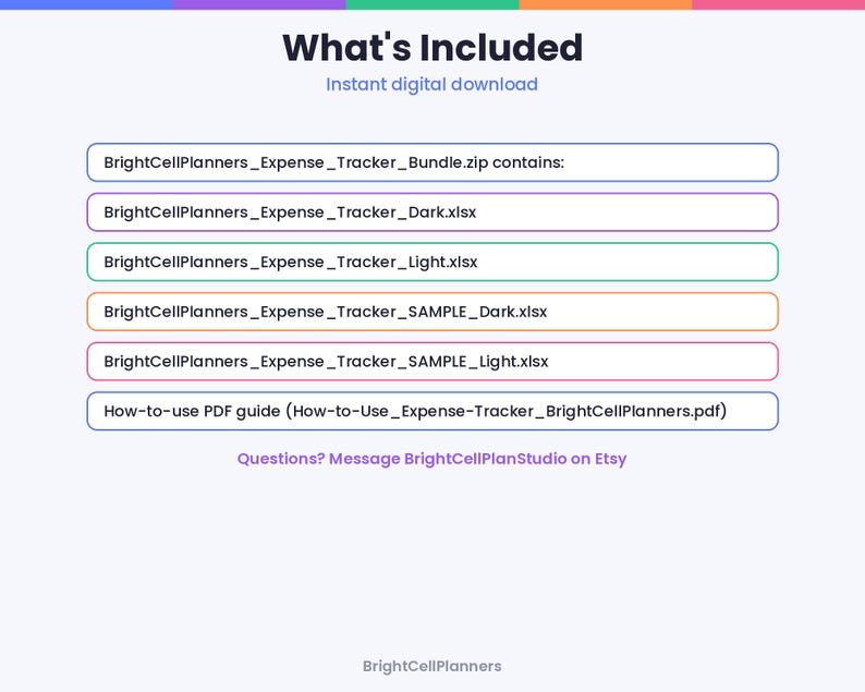 May include: A digital file list titled What's Included, featuring BrightCellPlanners_Expense_Tracker_Bundle.zip, BrightCellPlanners_Expense_Tracker_Dark.xlsx, BrightCellPlanners_Expense_Tracker_Light.xlsx, and a How-to-use PDF guide.