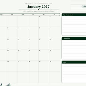 Puede incluir: Una p&aacute;gina de planificador digital para enero de 2027 titulada BrightCellPlanners 2027 Dividend and Investment Tracker. Incluye una cuadr&iacute;cula de calendario mensual, secciones para dividendos, contribuciones y notas.