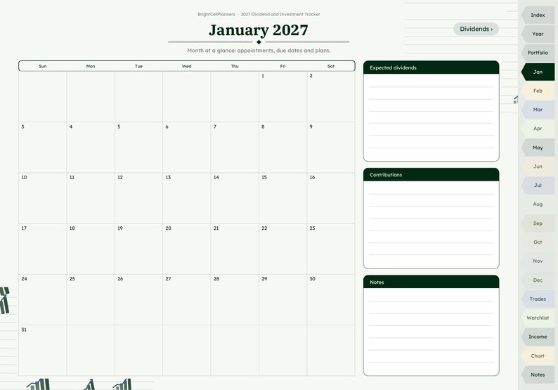 Puede incluir: Una p&aacute;gina de planificador digital para enero de 2027 titulada BrightCellPlanners 2027 Dividend and Investment Tracker. Incluye una cuadr&iacute;cula de calendario mensual, secciones para dividendos, contribuciones y notas.