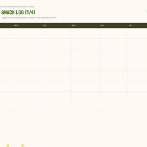 May include: A digital meal and snack log planner page titled Meal and Snack Log (1/4) with a grid for Monday through Friday. It includes rows for breakfast, snacks, lunch, supper, milk served, and notes, with a side navigation tab menu.