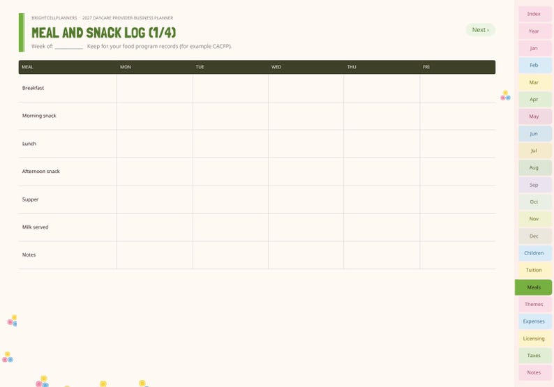 May include: A digital meal and snack log planner page titled Meal and Snack Log (1/4) with a grid for Monday through Friday. It includes rows for breakfast, snacks, lunch, supper, milk served, and notes, with a side navigation tab menu.