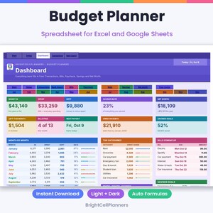 Puede incluir: Una hoja de c&aacute;lculo de planificador de presupuesto digital para Excel y Google Sheets titulada Budget Planner. La interfaz del panel muestra datos financieros que incluyen ingresos, gastos, ahorros, patrimonio neto y seguimiento de facturas.
