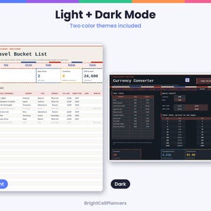 May include: A digital planner template featuring Light and Dark mode color themes. The light version displays a Travel Bucket List with columns for trips, countries, and costs. The dark version shows a Currency Converter with conversion tables.