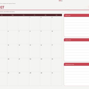 May include: A digital January 2027 truck driver logbook and expense planner page featuring a monthly calendar grid, a Miles goal section, a Home time section, and a Maintenance due section with red headers and a side navigation bar.