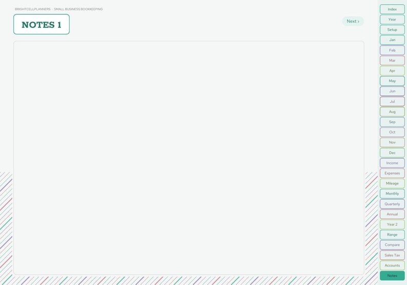 May include: A digital planner page titled NOTES 1 with a large blank central area. The right side features a vertical navigation menu with tabs labeled Index, Year, Setup, Jan through Dec, Income, Expenses, Mileage, Monthly, Quarterly, Annual, Year 2, Range, Compare, Sales Tax, and Accounts.