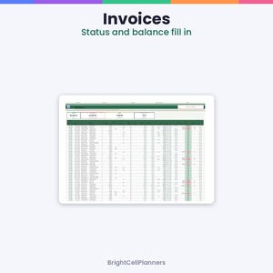 May include: A digital spreadsheet displayed on a screen titled Invoices Status and balance fill in, featuring a dark green header, white rows, and columns for tracking financial data, with the text BrightCellPlanners at the bottom.