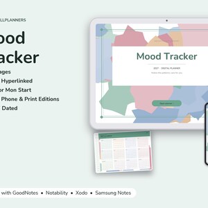 May include: A 2027 digital mood tracker planner featuring 24 pages, hyperlinks, and Sunday or Monday start options. The display shows a tablet and smartphone interface with a colorful abstract pattern, compatible with GoodNotes, Notability, Xodo, and Samsung Notes.
