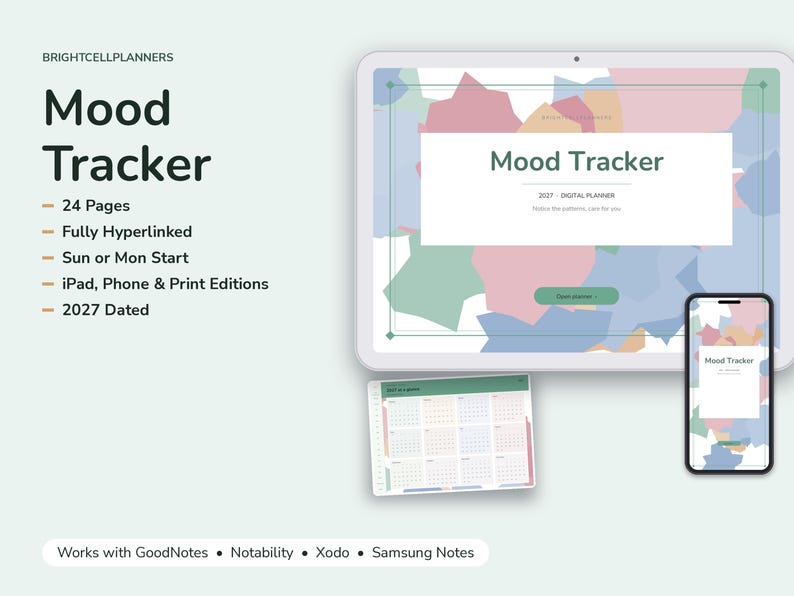 May include: A 2027 digital mood tracker planner featuring 24 pages, hyperlinks, and Sunday or Monday start options. The display shows a tablet and smartphone interface with a colorful abstract pattern, compatible with GoodNotes, Notability, Xodo, and Samsung Notes.