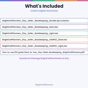 K&ouml;nnte beinhalten: Eine digitale Download-Infografik mit dem Titel What's Included. Sie listet die Datei BrightCellPlanners_Etsy_Seller_Bookkeeping_Bundle.zip auf, die vier Excel-Dateien enth&auml;lt: Dark, Light, SAMPLE_Dark und SAMPLE_Light, sowie eine PDF-Anleitung.
