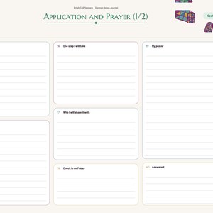 May include: A digital planner page titled Application and Prayer (1/2) with sections for This week I heard, One step I will take, My prayer, God is showing me, Who I will share it with, Check in on Friday, and Answered, with a side navigation bar.