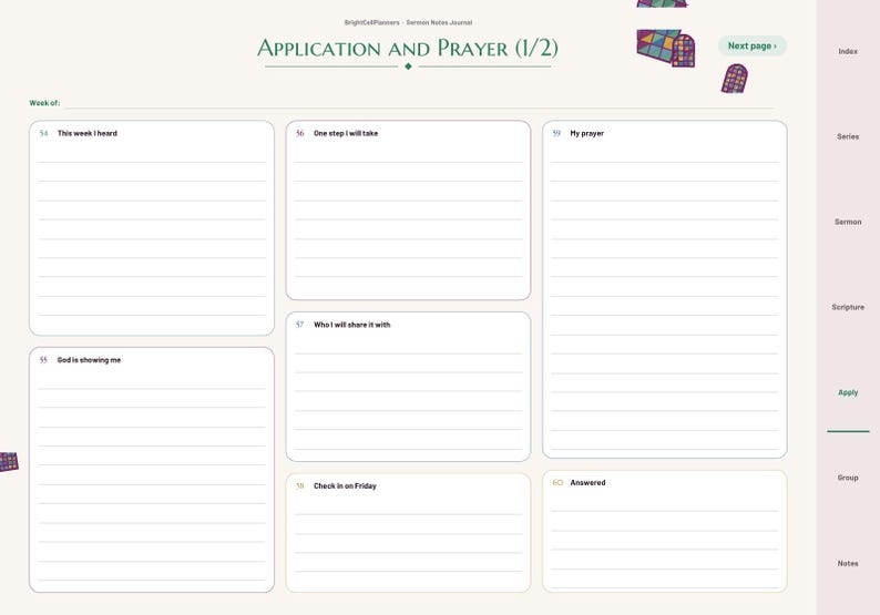 May include: A digital planner page titled Application and Prayer (1/2) with sections for This week I heard, One step I will take, My prayer, God is showing me, Who I will share it with, Check in on Friday, and Answered, with a side navigation bar.