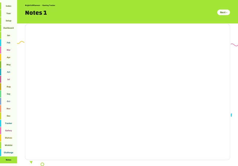 Pu&ograve; includere: Un'interfaccia di pianificazione digitale intitolata Notes 1 con un'intestazione verde lime brillante. La barra laterale sinistra presenta un menu di navigazione verticale con etichette che includono Index, Year, Setup, Dashboard, i mesi da Jan a Dec, Tracker, Gallery, Shelves, Wishlist, Challenge e Notes.