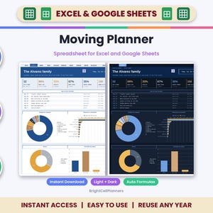 May include: A digital moving planner spreadsheet for Excel and Google Sheets featuring light and dark mode interfaces. The dashboard displays The Alvarez family data with auto formulas, donut charts, bar graphs, and task lists. Includes text labels for instant download, fully editable, and Mac, PC, and mobile compatibility.