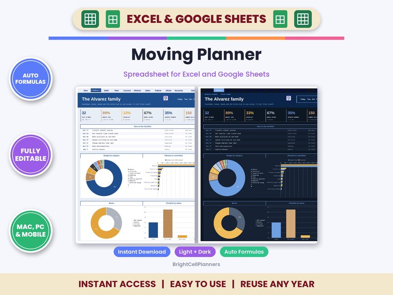 May include: A digital moving planner spreadsheet for Excel and Google Sheets featuring light and dark mode interfaces. The dashboard displays The Alvarez family data with auto formulas, donut charts, bar graphs, and task lists. Includes text labels for instant download, fully editable, and Mac, PC, and mobile compatibility.