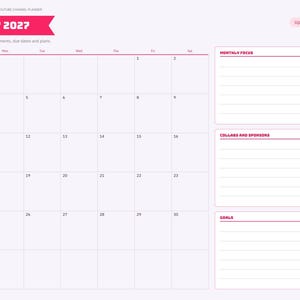 Op de afbeelding: Een digitale plannerpagina voor januari 2027 met een maandkalenderraster, een sectie voor maandelijkse focus, een sectie voor samenwerkingen en sponsors, en een sectie voor doelen. De zijbalk bevat navigatietabbladen voor maanden.