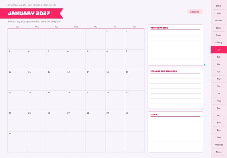 Op de afbeelding: Een digitale plannerpagina voor januari 2027 met een maandkalenderraster, een sectie voor maandelijkse focus, een sectie voor samenwerkingen en sponsors, en een sectie voor doelen. De zijbalk bevat navigatietabbladen voor maanden.