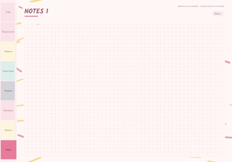 May include: A digital sewing project planner page titled NOTES 1 with a light pink grid background. The left side features a vertical navigation bar with tabs labeled Index, Measurements, Patterns, Fabric Stash, Projects, Alterations, Notions, and Notes.