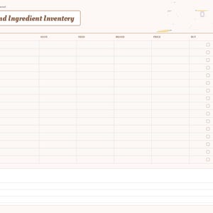 May include: A digital planner page titled Pantry and Ingredient Inventory with columns for ingredient, have, need, brand, price, and buy. The layout includes a list of baking staples like flour, sugar, and eggs, plus a notes section at the bottom.