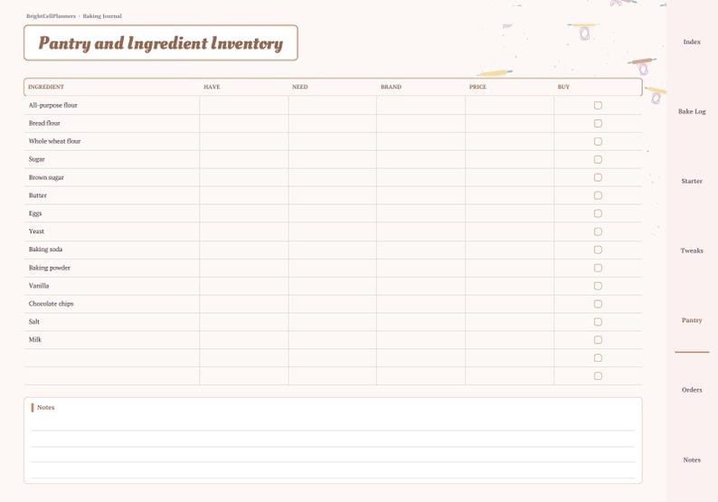 May include: A digital planner page titled Pantry and Ingredient Inventory with columns for ingredient, have, need, brand, price, and buy. The layout includes a list of baking staples like flour, sugar, and eggs, plus a notes section at the bottom.