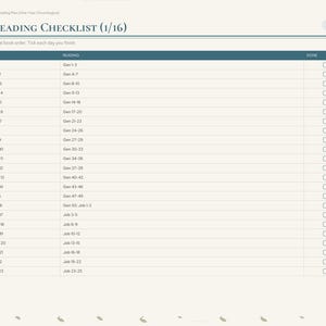 May include: A digital 365-day reading checklist planner page with a dark blue header titled 365-DAY READING CHECKLIST (1/16). The table includes columns for day, date, reading, and a checkbox column for completion status.