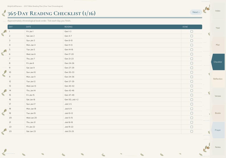 May include: A digital 365-day reading checklist planner page with a dark blue header titled 365-DAY READING CHECKLIST (1/16). The table includes columns for day, date, reading, and a checkbox column for completion status.