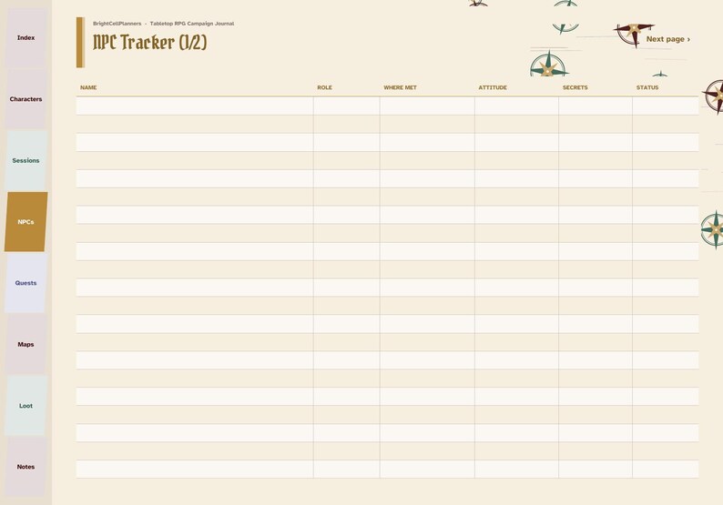 May include: A cream-colored tabletop RPG campaign journal page titled NPC Tracker (1/2). The layout features a table with columns for Name, Role, Where Met, Attitude, Secrets, and Status. A vertical navigation bar on the left lists sections.