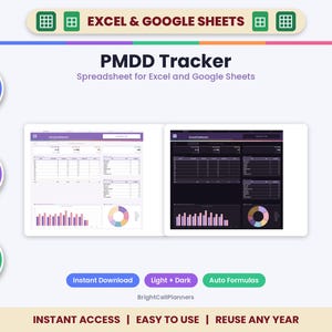Puede incluir: Una hoja de c&aacute;lculo digital de seguimiento del PMDD para Excel y Google Sheets con vistas de panel en modo claro y oscuro, gr&aacute;ficos y tablas. La interfaz incluye f&oacute;rmulas autom&aacute;ticas, es totalmente editable y compatible con Mac, PC y dispositivos m&oacute;viles.