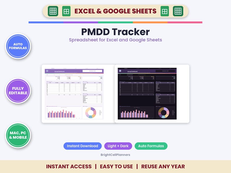 Puede incluir: Una hoja de c&aacute;lculo digital de seguimiento del PMDD para Excel y Google Sheets con vistas de panel en modo claro y oscuro, gr&aacute;ficos y tablas. La interfaz incluye f&oacute;rmulas autom&aacute;ticas, es totalmente editable y compatible con Mac, PC y dispositivos m&oacute;viles.