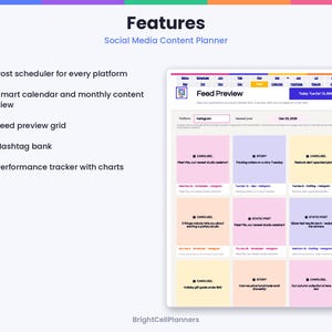 May include: A digital social media content planner interface featuring a feed preview grid with nine colorful post squares, a calendar navigation bar, and a list of features including post scheduler, smart calendar, and performance tracker.