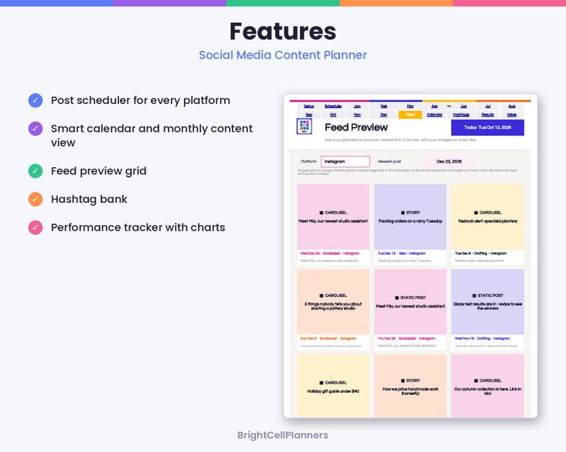 May include: A digital social media content planner interface featuring a feed preview grid with nine colorful post squares, a calendar navigation bar, and a list of features including post scheduler, smart calendar, and performance tracker.