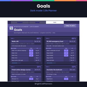 May include: A digital life planner interface in dark mode titled Goals. The screen displays four goal cards with progress percentages, milestone checklists, and due dates. Text includes BrightCellPlanners, Life Planner, and Today: Fri, Oct 9.