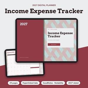 Op de afbeelding: Een digitale planner voor 2027 genaamd Income Expense Tracker weergegeven op twee tabletschermen. De interface bevat een kastanjebruine omslag met het jaar 2027, een witte pagina met de tekst Income Expense Tracker en een maandkalender voor januari.