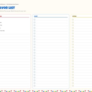May include: A kids birthday party planner page titled FAVOR LIST with three columns labeled FAVOR BAG, COUNT, and EXTRAS. The page features checkboxes for tracking items, a side navigation bar with tabs, and a colorful bunting border at the bottom.
