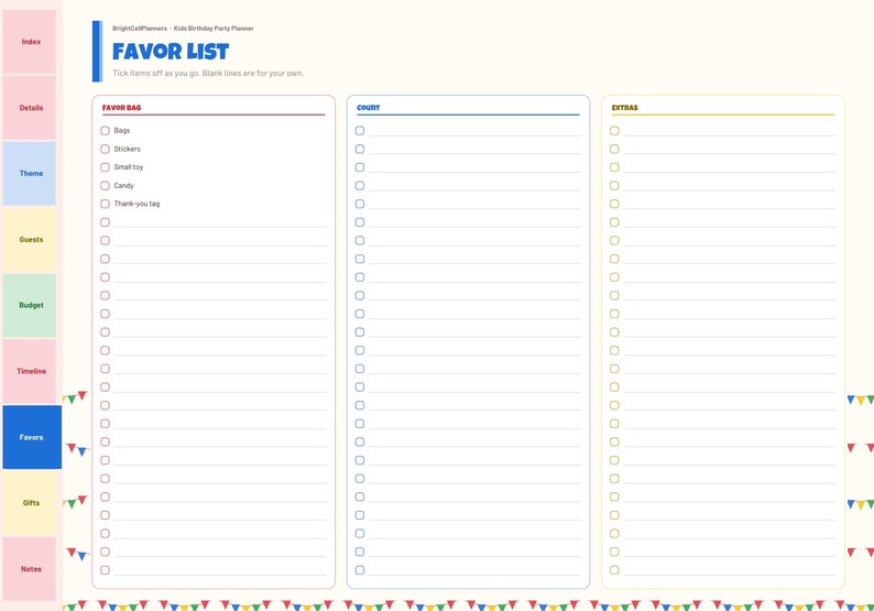 May include: A kids birthday party planner page titled FAVOR LIST with three columns labeled FAVOR BAG, COUNT, and EXTRAS. The page features checkboxes for tracking items, a side navigation bar with tabs, and a colorful bunting border at the bottom.