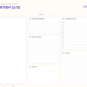 May include: A digital art and sketch practice journal page titled STYLE STUDY (1/3). The layout includes sections for Study Sketch, Artist or Reference, What I Noticed, Palette, Techniques to Try, and My Take, with a sidebar navigation menu.